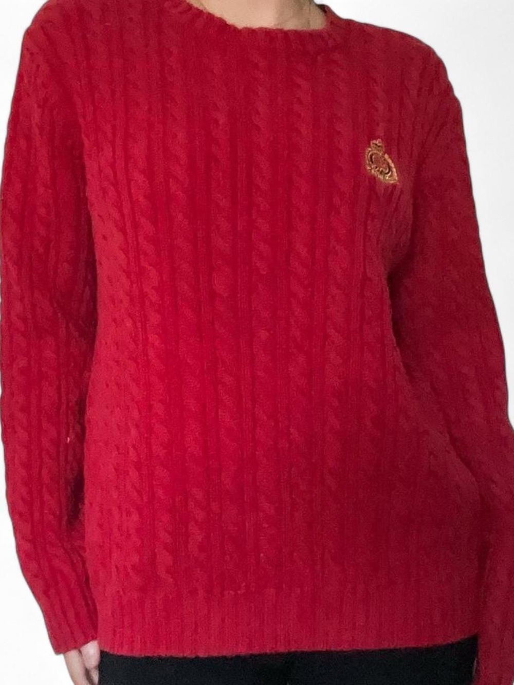 Ralph Lauren Red Cable Knit Crewneck Sweater with Crest
